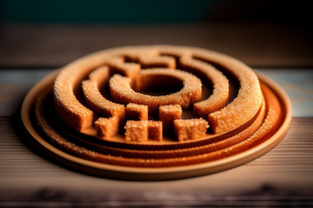 Cookies in the shape of a labyrinth on a wooden background.の写真素材
