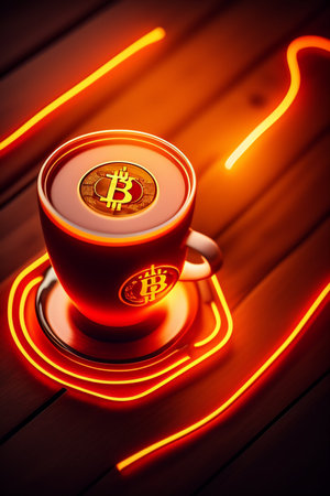Cup of coffee with bitcoin symbol on red neon background. 3d illustrationの写真素材