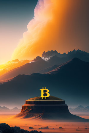 Bitcoin on the top of a mountain. Digital illustration. 3D renderingの写真素材