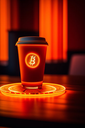 Coffee cup with bitcoin sign on the table. 3d renderingの写真素材