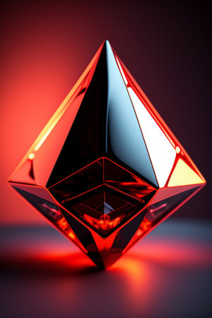 3d illustration of red crystal cube on black background with red lightの写真素材