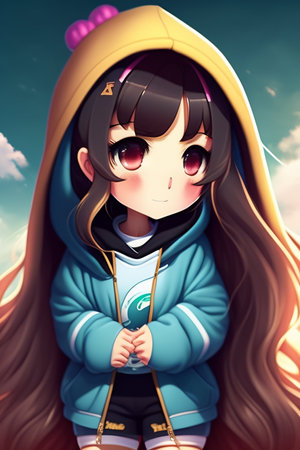 A cute cartoon girl in a blue hoodie with a hood.の素材