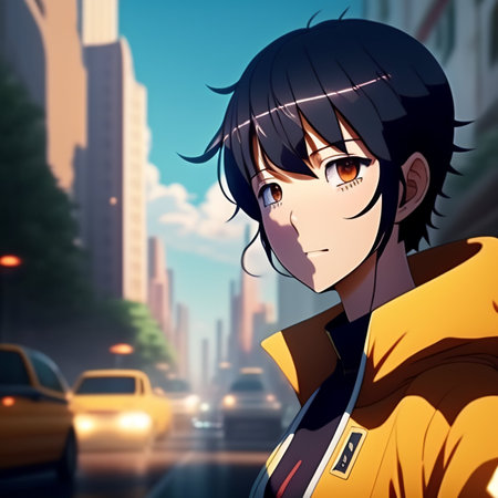 A japanese anime manga girl in a yellow hoodie.の素材
