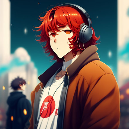 Young man listening to music with headphones in the city. 3d illustration.の素材