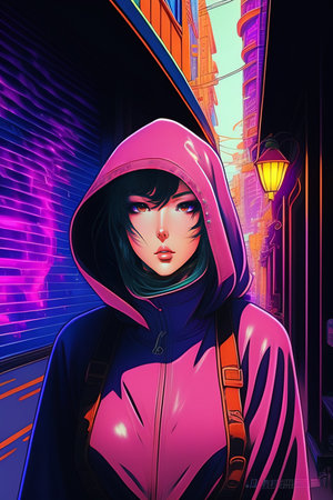 Digital painting of a young woman wearing a hoodie in a street.の素材