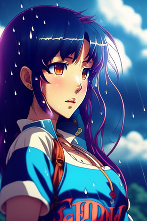 Illustration of a girl in the rain with a blue sky backgroundの素材