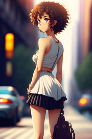 Beautiful young woman with afro hairstyle walking on the street.の素材