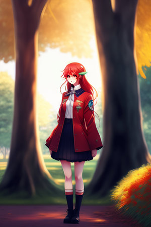 Anime manga girl with red hair in a raincoat and cap.の素材