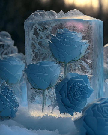 Ice cube with blue roses in the winter forest. Close-up.の写真素材