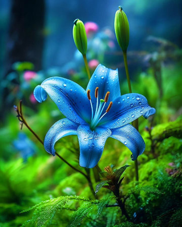 Beautiful blue lily flower in the forest. Nature background.の写真素材