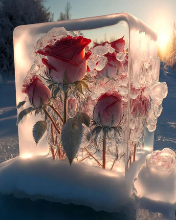 Frozen rose in the ice cube. Winter landscape. Russia.の写真素材