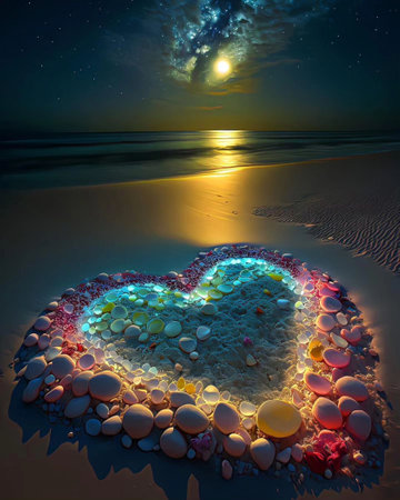 Colorful heart made of stones on the beach at night with moonの写真素材