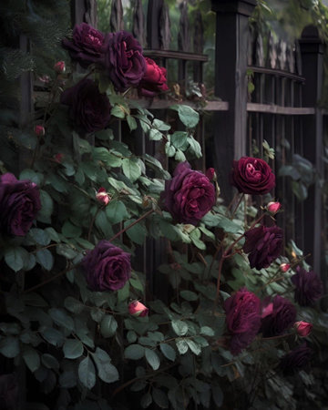 Beautiful dark purple roses in the garden on a sunny summer dayの写真素材