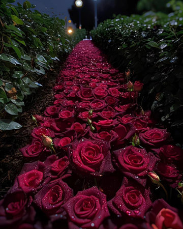 Roses in the garden at night. Rows of red rosesの素材