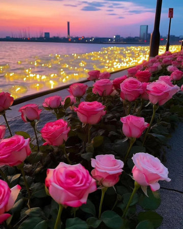 Roses in the park by the river at sunset, Seoul, South Koreaの素材