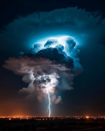 Lightning strike in the night sky. Thunderstorm over the cityの素材