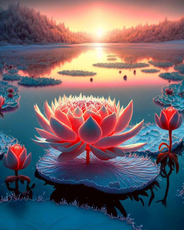 Beautiful lotus in the pond at sunrise. 3D renderingの素材