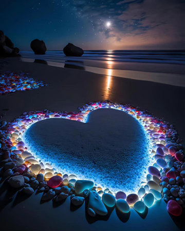 Heart shape of colorful stones on the beach at night with full moonの写真素材