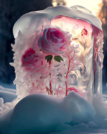 Beautiful frozen rose in a glass vase in the winter forest.の写真素材
