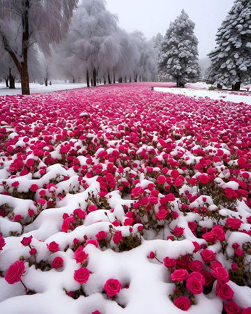 Red roses covered with snow in a park, north china.の素材