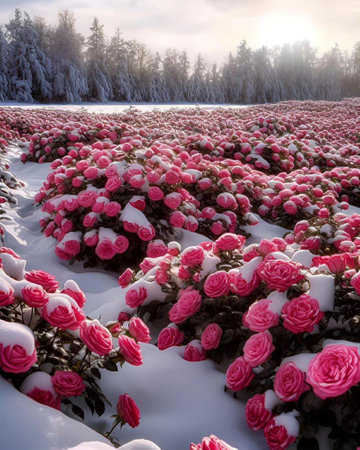 Beautiful pink roses in the snow. Beautiful winter landscape with flowers.の写真素材