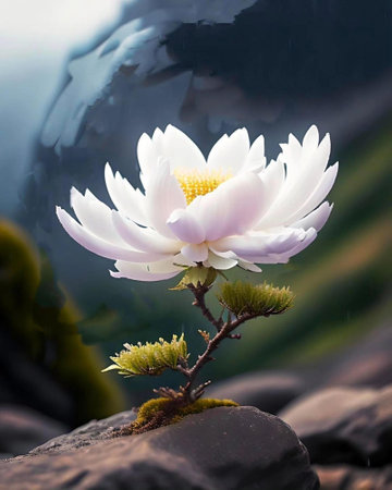 White flower on the rock with dark background, soft focus and vintage toneの写真素材