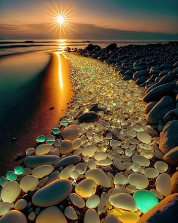 Sunset on the beach with multicolored pebbles.の素材