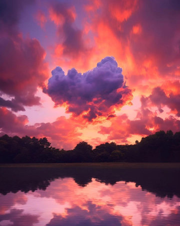 Beautiful sunset over the lake with clouds reflected in the water.