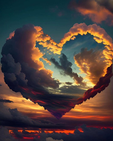 Heart-shaped clouds in the sunset sky. 3D illustration.の写真素材