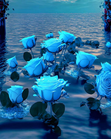 Blue roses in the water. 3d rendering. Computer digital drawing.の写真素材