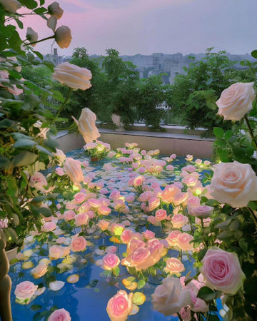 Roses in the garden in the evening light, Paris, Franceの素材