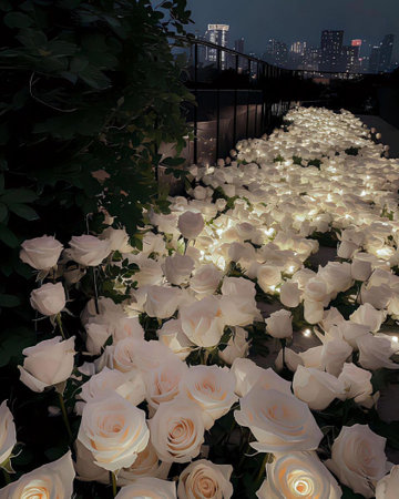 Lighting in the garden at night. White roses decorated with lights.の素材