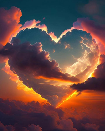 Heart shaped cloud at sunset, 3D render of a love conceptの写真素材