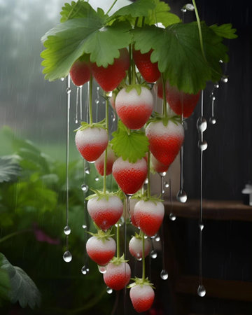 Strawberry with drops of water on the background of green plantsの写真素材