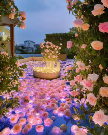 Beautiful rose garden with candles and flowers in the evening, Thailand.の写真素材