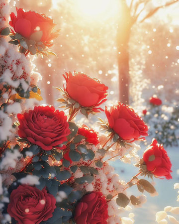Beautiful red roses on the background of the winter forest and snowの写真素材