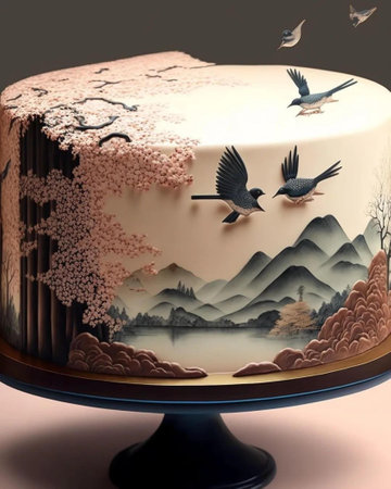3D rendering of a cake decorated with birds and a mountain landscapeの写真素材