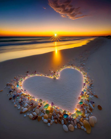 Sunset on the beach with heart shape made of seashellsの写真素材