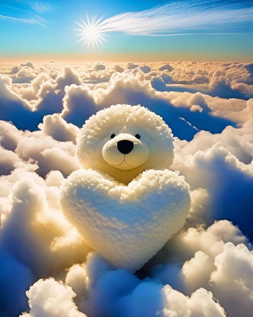 White teddy bear in the clouds with heart shape on blue sky backgroundの素材