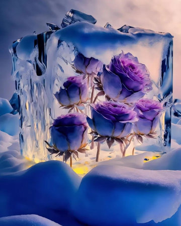 Ice cube with purple roses in the snow, close-up.の写真素材