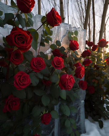 Red roses in a row on the background of the winter forest.の写真素材