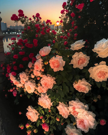 Beautiful roses in the garden at sunset, Roses are blooming.の写真素材