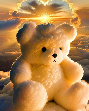 White teddy bear on a background of the sun and clouds.の写真素材
