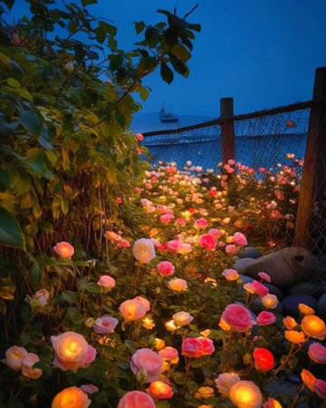 Roses in the garden at night with a cruise ship in the backgroundの写真素材
