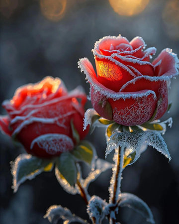 Red rose covered with hoarfrost on a frosty winter morningの写真素材