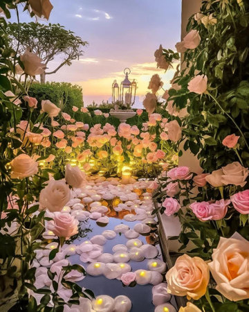 Flower garden decorated with lighted candles and flowers at sunset.の写真素材