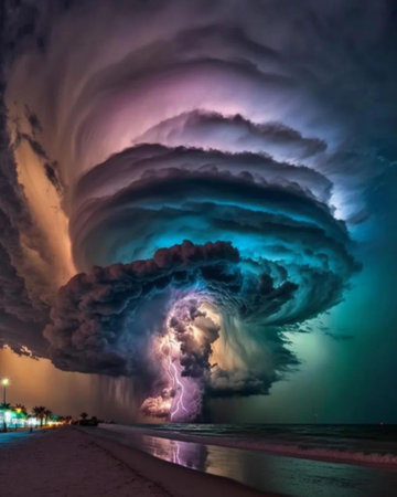 Lightning strikes the beach at night, thunderstorm in the skyの素材