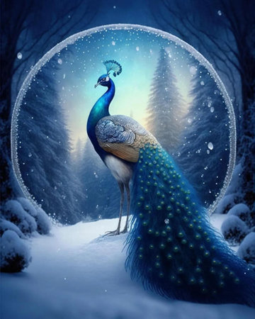 Peacock in winter forest with snowflakes. 3D renderingの写真素材