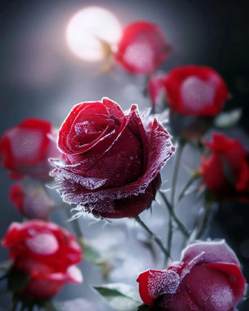 Beautiful red roses with ice crystals on dark background, soft focusの写真素材