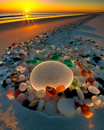 Sunset on the beach with colorful stones and reflection in the waterの写真素材